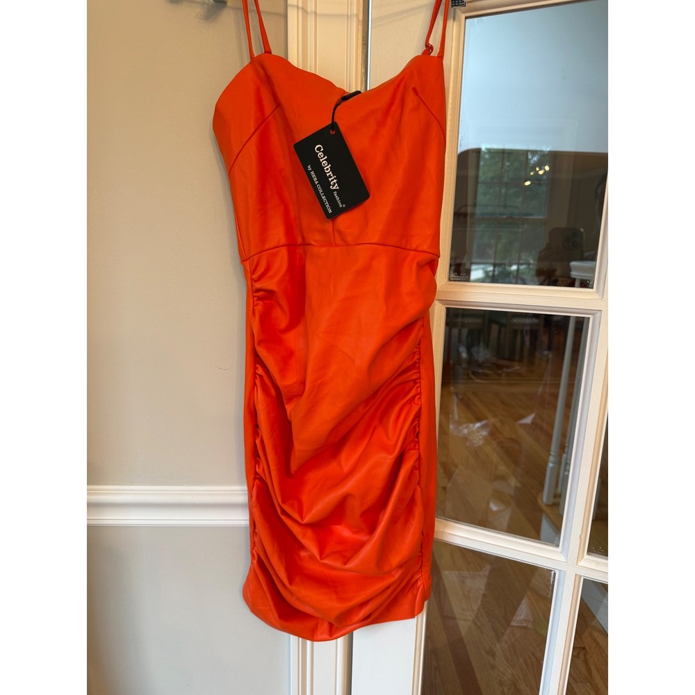 Celebrity Fashion by Hera Collection Orange Faux Leather Ruched Mini Dress S NWT